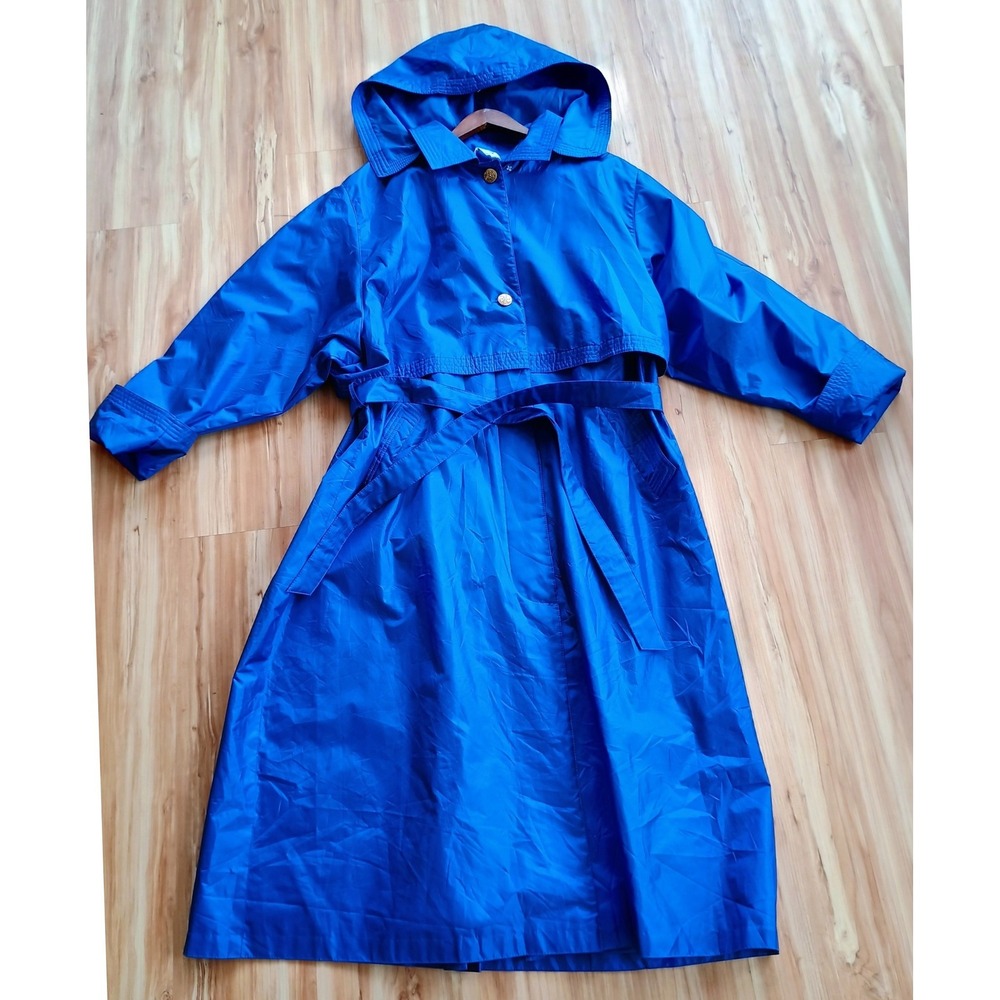 Vintage Royal Blue Hooded Trench Coat Belted Rain Jacket 22W Gold Buttons